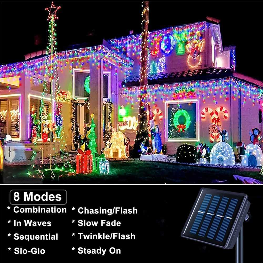 Solar Icicle String Lights 8 Modes Outdoor Solar Eaves Lights for Garden Patio Balcony Wedding Party Christmas Halloween Decor W251107