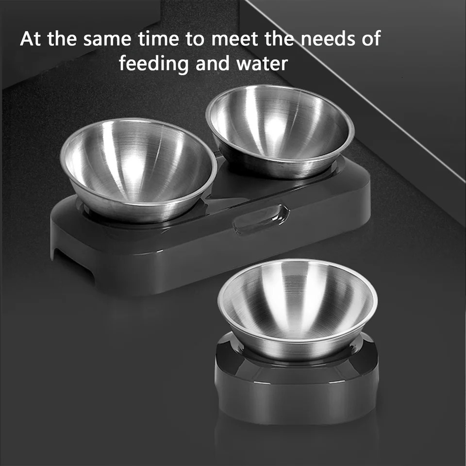 PETWAN pet raising stainless steel cat bowl anti slip silicone pad and cat raising bowl with 15 ° and 0 ° tilted neck pet protection bowl 250403