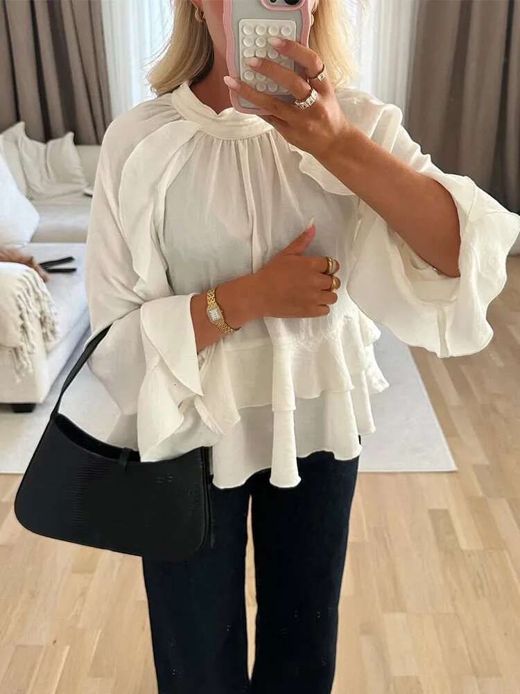Elegant White Double Layered Ruffles Hem Women's Blouse Spring Round Neck Flare Full Sleeve Shirts New Summer Office Streetwear