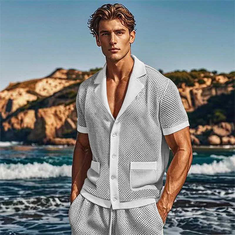European and American mens casual comfortable sportswear refreshes solid color hollow air breathable short sleeved pajamas 250313