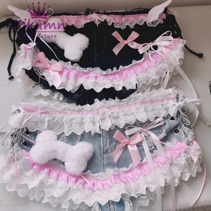 Mikumn Harajuku Y2k Women Sexy Lace Shorts Punk s Sweet Bow Angel Wing Bone Lace-up Low Waist Denim Shorts Jeans Streetwear 250407