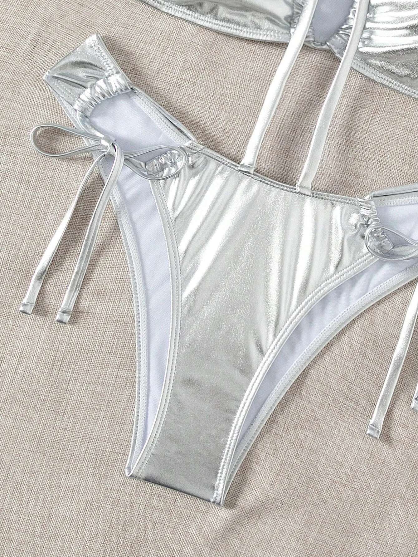 Dongdumaoyi Bikini Swimsuit Women Solid Silver Bandeau Cut Out Lace Up Micro Swimwear Summer Bathing Suit Pleate Thong Bikinis Sets