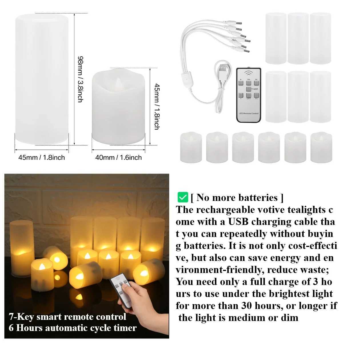 6/12Pack Rechargeable Flameless Candles Flickering LED Tea Light Candles 3D Wick Battery Operated Electronic Candle Lamp W251107