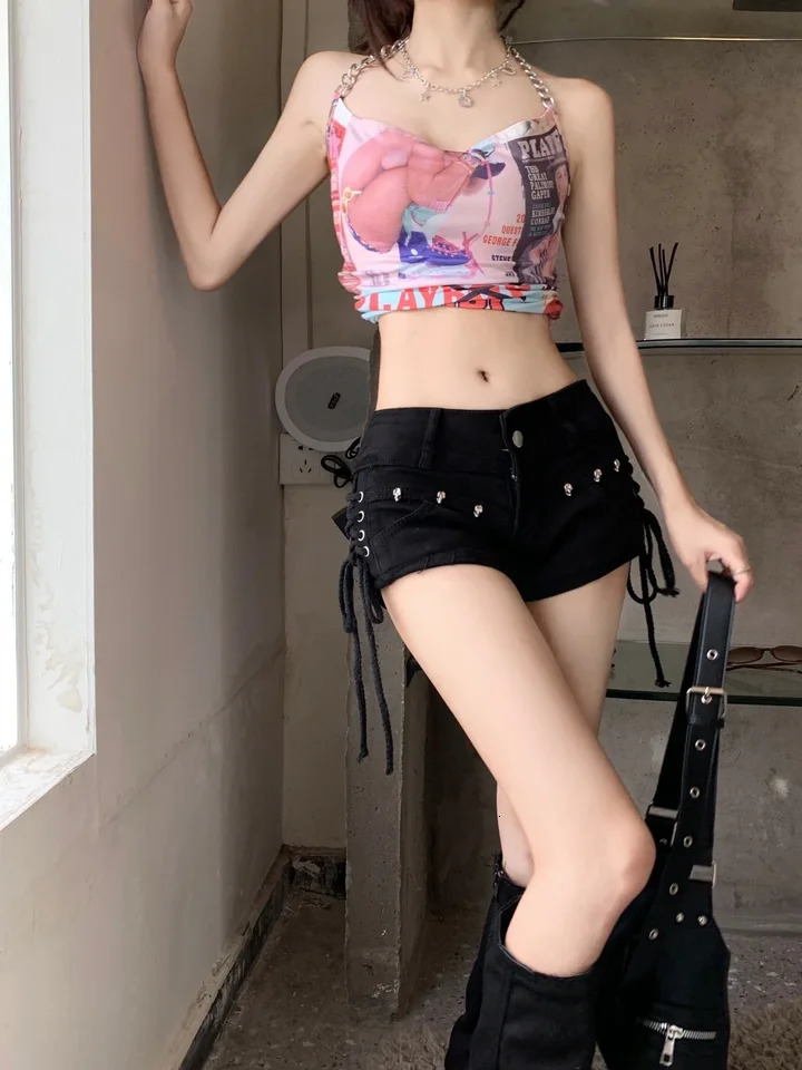 American Retro Black Sexy Skull Mini Jean Shorts Women Y2k Summer Low Wasit Micro Short Jeans Woman with Bandage Korean Fashion 250407