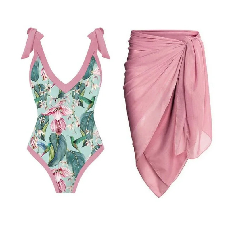 Green suspension ruffled swimsuit high waist onepiece cut bikini and pink chiffon elegant suitable for women 250313