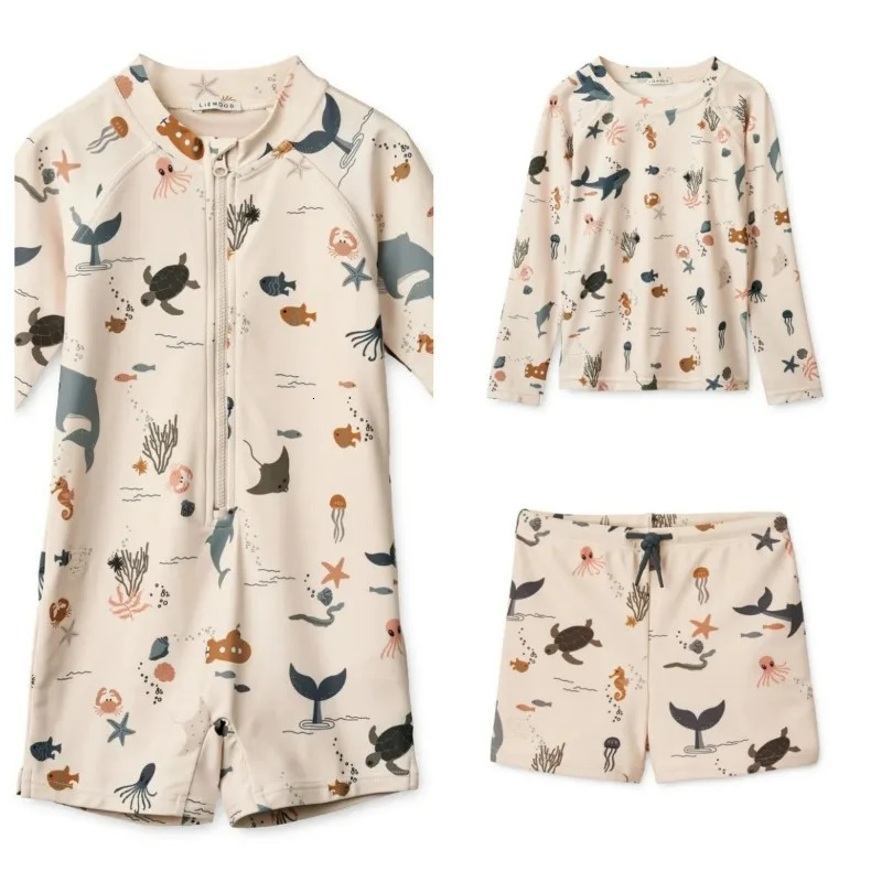 Baby Swimwear Boy Beach Shorts Boys Swimwears Ocean Long Sleeved Swimsuit Star Kids Vacation Sunscreen Swimsuits Sun Hat 250407