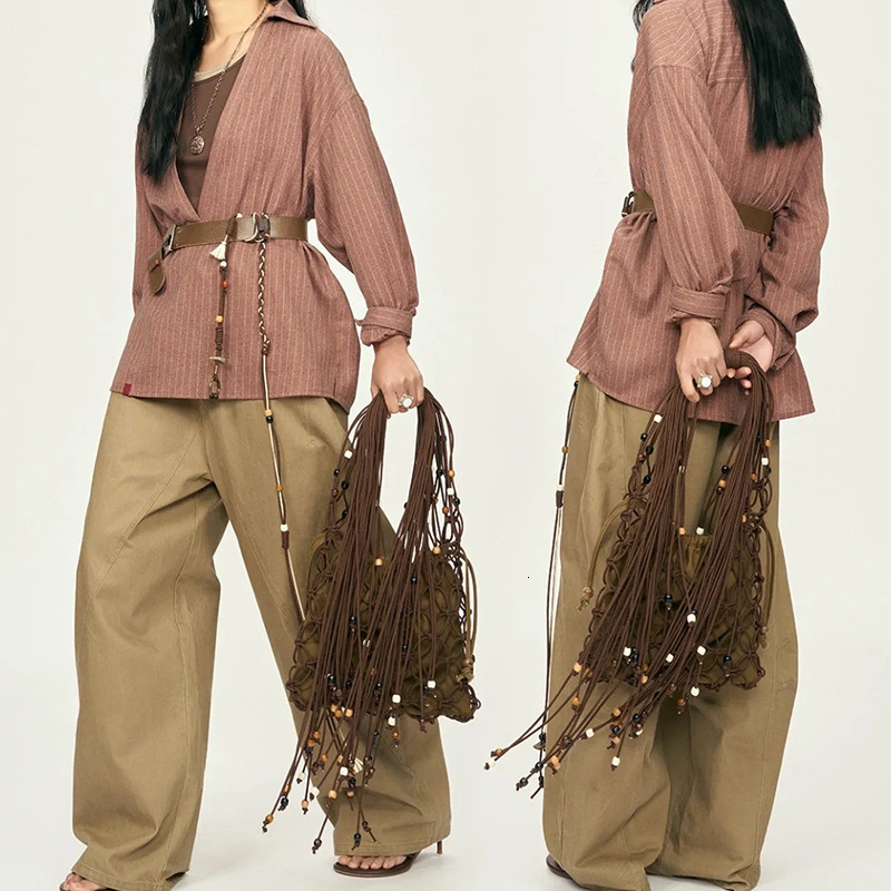 New Solid Color Hand-Held Crossbody Dual-Use Hollow Woven Forest Cotton Rope Mesh Bag, Vacation Beach Bag