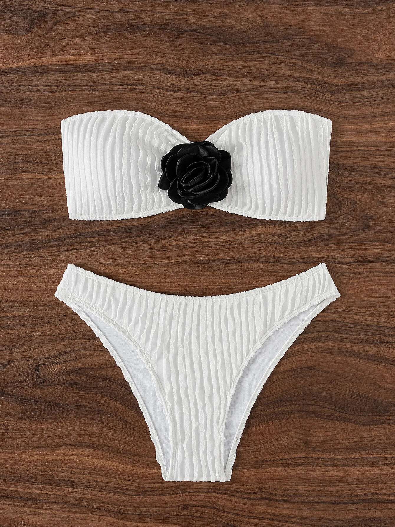Dongdumaoyi Sexy D Floral Bikini Set Women White Pleate Bandeau Push Up Micro Swimsuit Brazilian Beach Bathing Suit Thong Swimwear