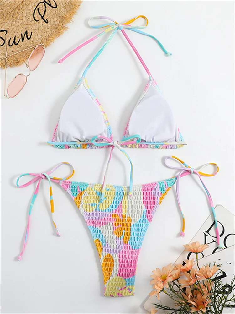 Dongdumaoyi Push Up Sexy Bikinis Women Swimsuit Pink Tie Dye Gradient Pleate Micro Bikini Set Brazilian Bathing Suit Side Thong Swimwear