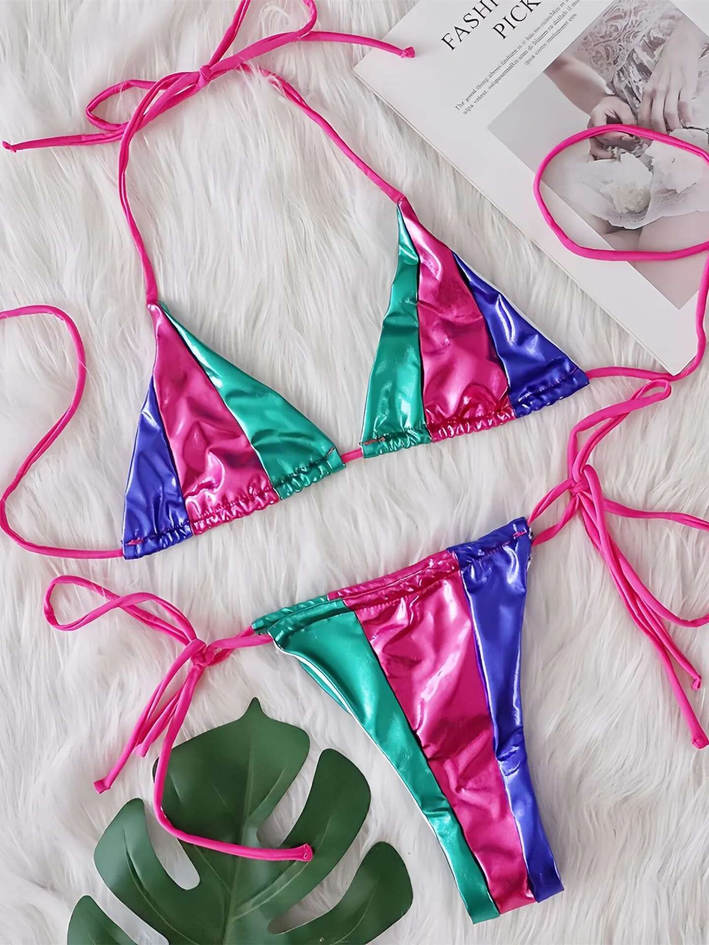 Dongdumaoyi Sexy Green Blue Patchwork Bikini Set Women Push Up Bra Micro Swimsuit Brazilian Striped Beach Bathing Suit Thong Swimwear