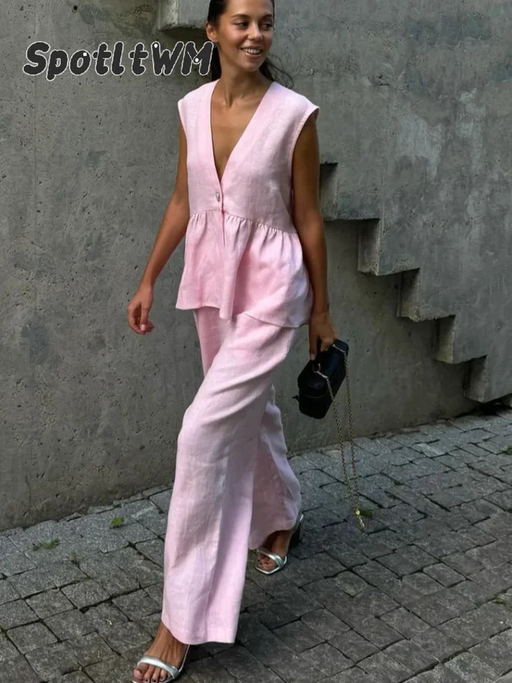 Loose pink cotton linen 2-piece womens summer special outfit sleeveless vest with high waist wide pants set 250401