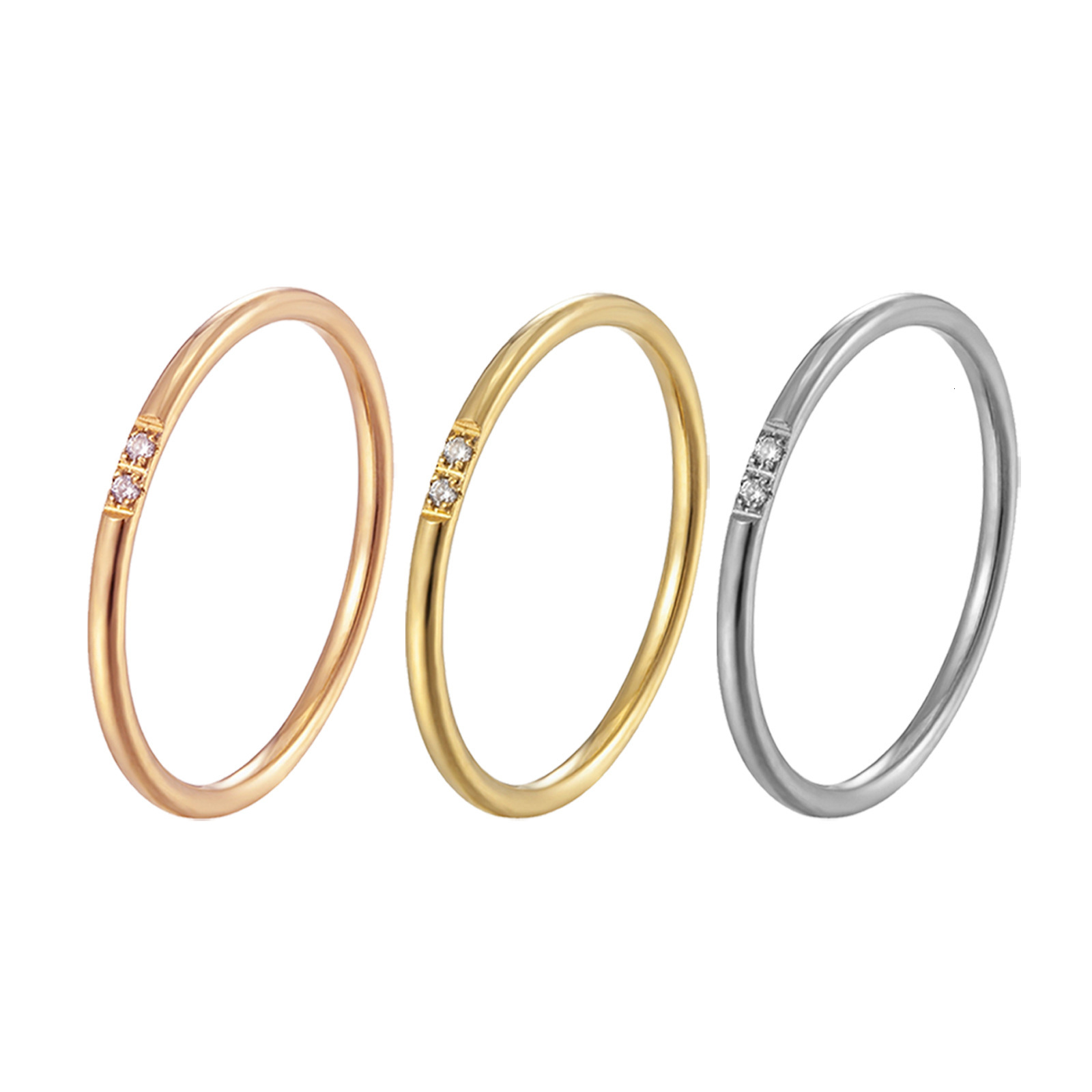 Top Source New Fashionable Light Luxury Cold Wind Titanium Steel Women's Round Thread Plain Circle One Diamond Ring Finger Plated Gold