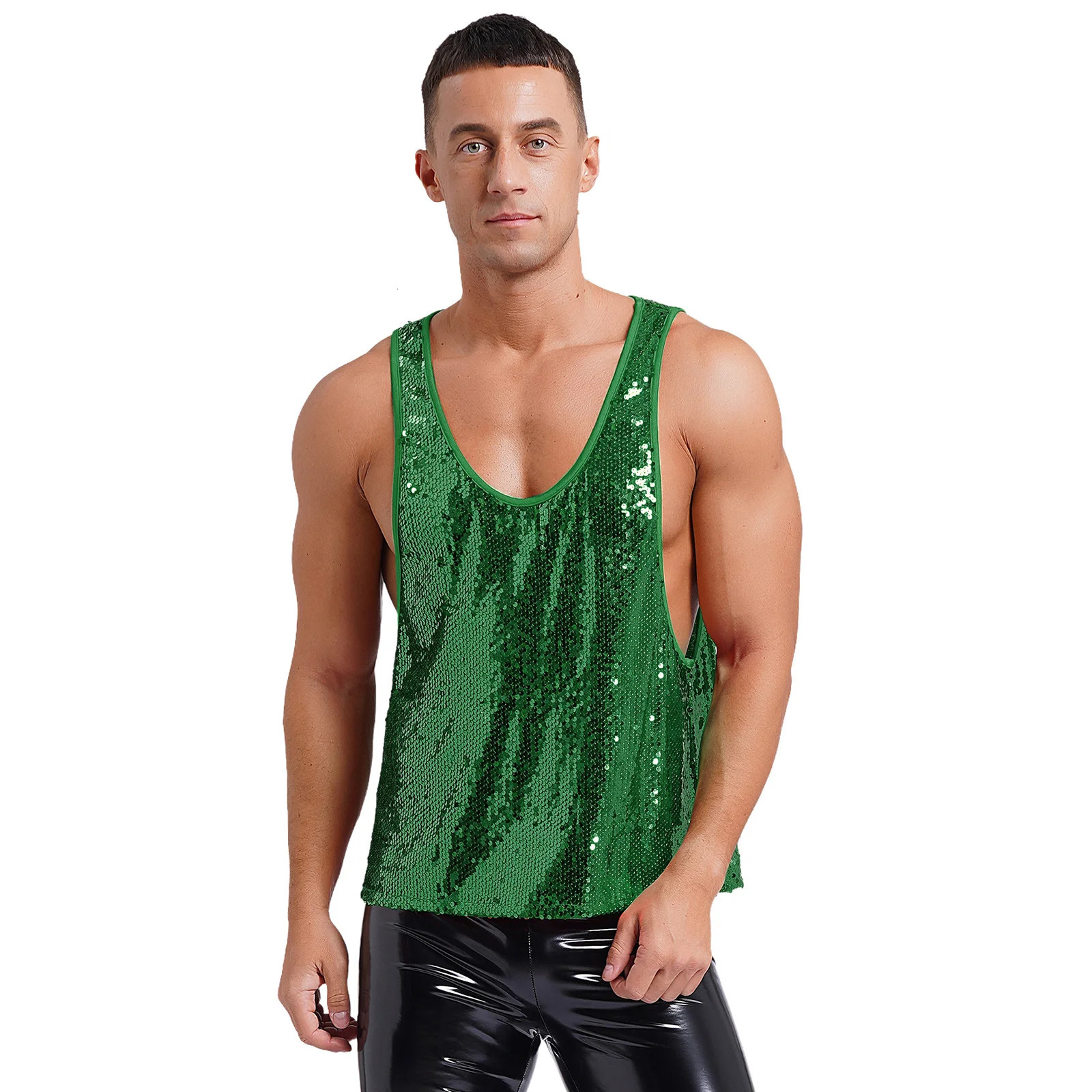 Mens Glitter Sequin Disco Club Vest Tank Top Low Crew Neck Smooth Lining Waistcoat Shiny Bodybuilding Top Dancing Party Costume 250407