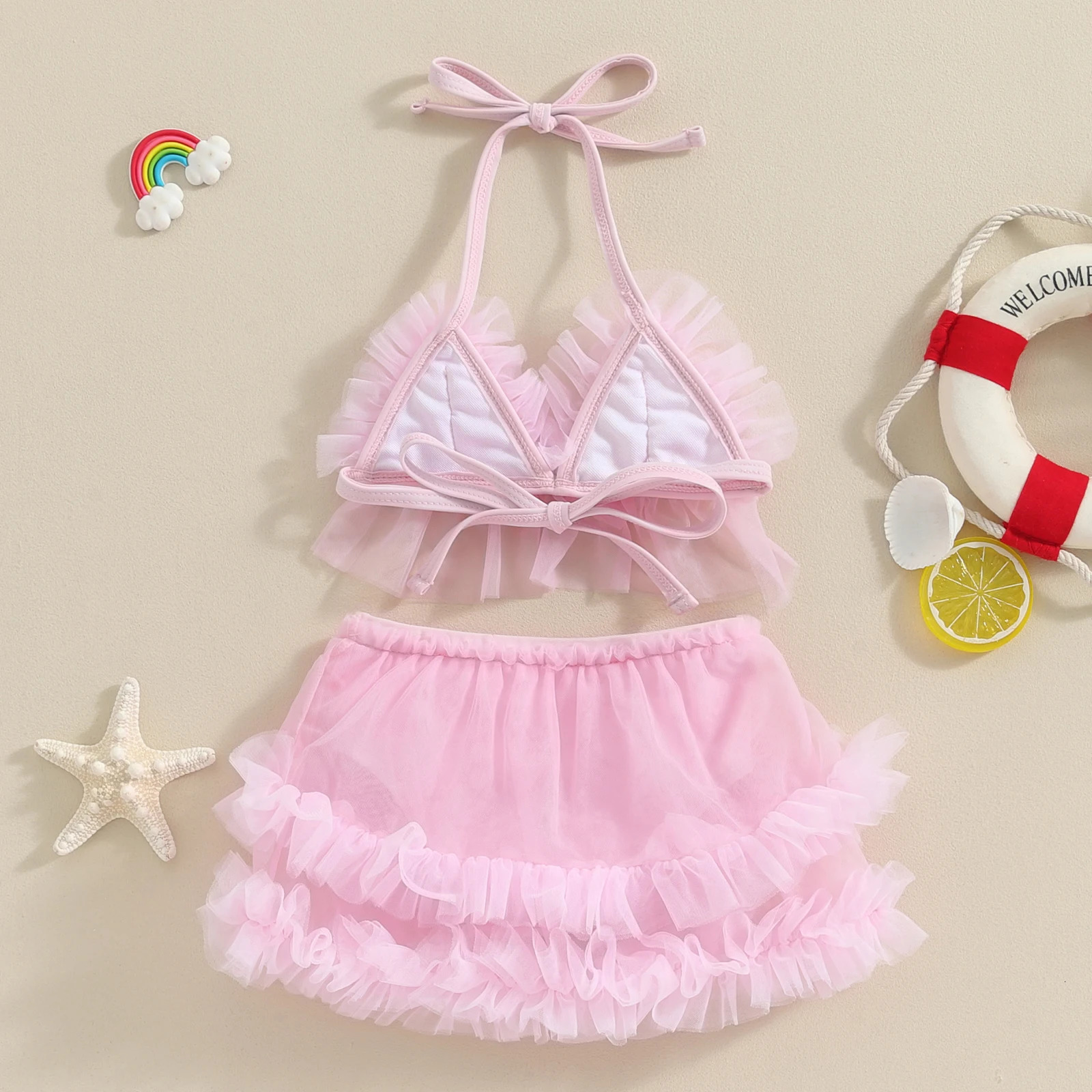 Baby Girls Bikini Beach Swimwear 2 Piece Swimsuits Tulle Camisole PP Shorts Bathing Suits 0-24M 250407