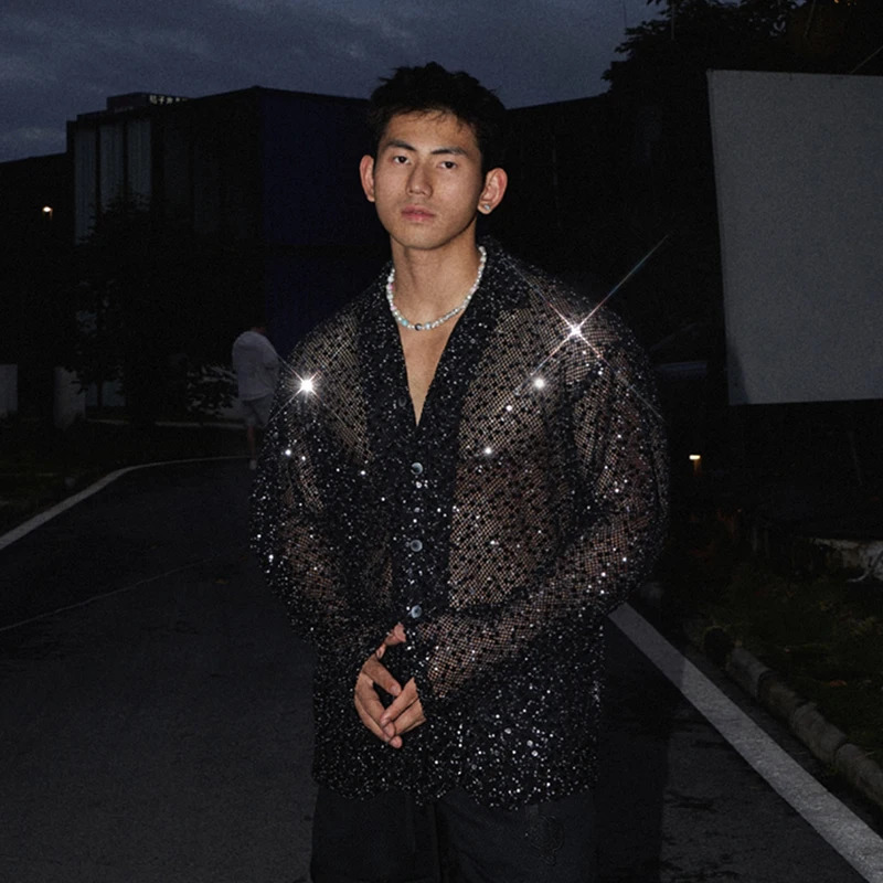 FEWQ American Niche Shiny Silver Sequins Hollowed Out Long Sleeved Shirt Solid Color Male Tops Fashion 24E1715 250407