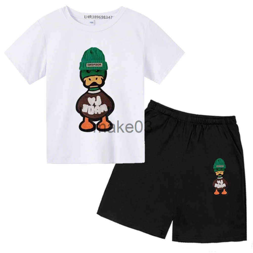 3-12-year-old and girls green hat duck T-shirt+shorts white short sleep childrens summer boys 2-piece casual set J250403