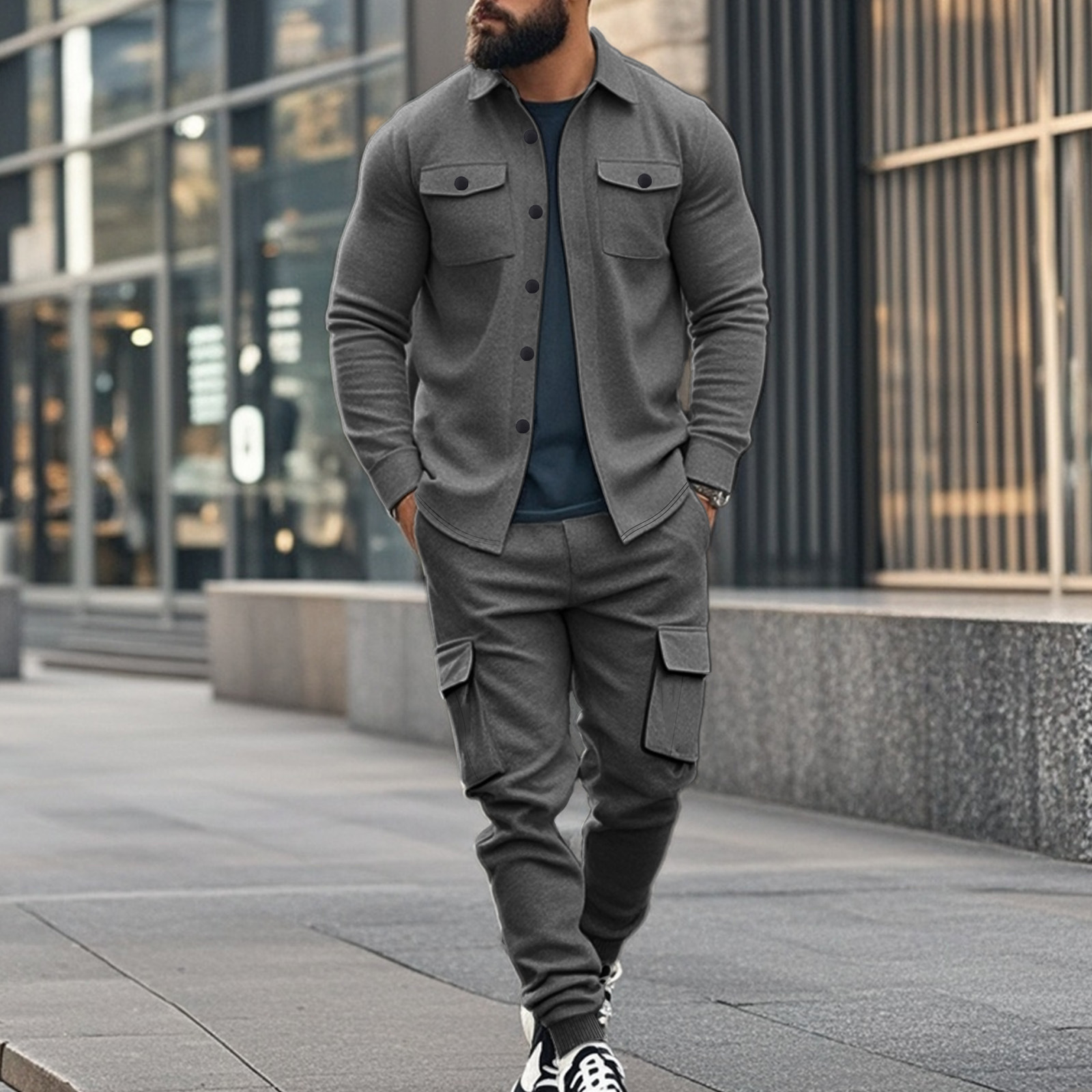 American Style Mens Fleece-Lined Workwear Sweatshirt Set Outdoor Hunting Collar Jacket Loose Warm Two-Piece Set for Men 250819