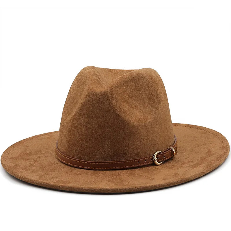 Suede Fedora Hats Western Cowboy Hat Visor Cap Women Men Brown Copper Buckle Belt Jazz Felt Cap Wide Brim Sun Protection Hat 251106