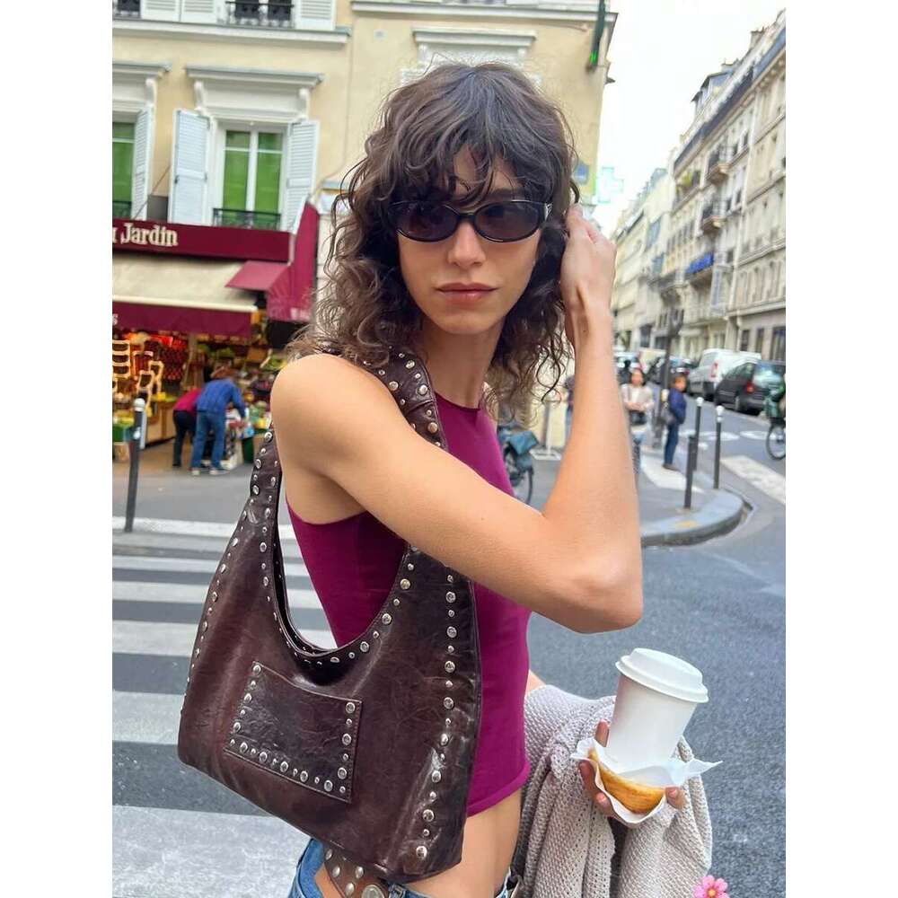 new retro 24 rivet decorative shoulder bag European and American motorcycle wind oil wax leather armpit handbag for women