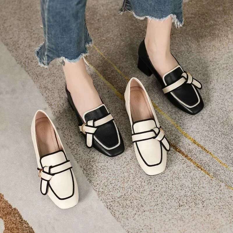 Woman French Thick Heeled Loafers Shoes For Women Autumn Trend Retro Leather With High Heels Wedding Shoes Atos De Mujer