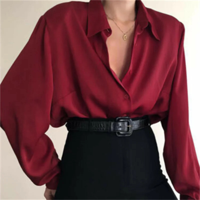 Womens comfortable satin button up shirt lapel shirt office womens long sleeved casual autumn shirt loose OL shirt pocket top 250402