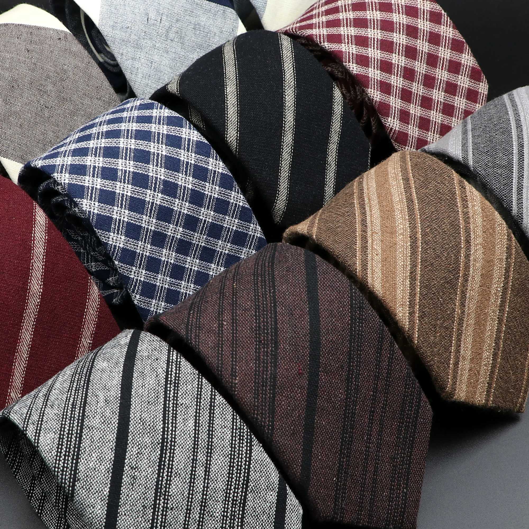 Mens Ties 7cm Classic Cotton Handmade Skinny Grey Brown Striped Neckties Narrow Collar Slim Plaid Casual Tie Accessories Gift X250407