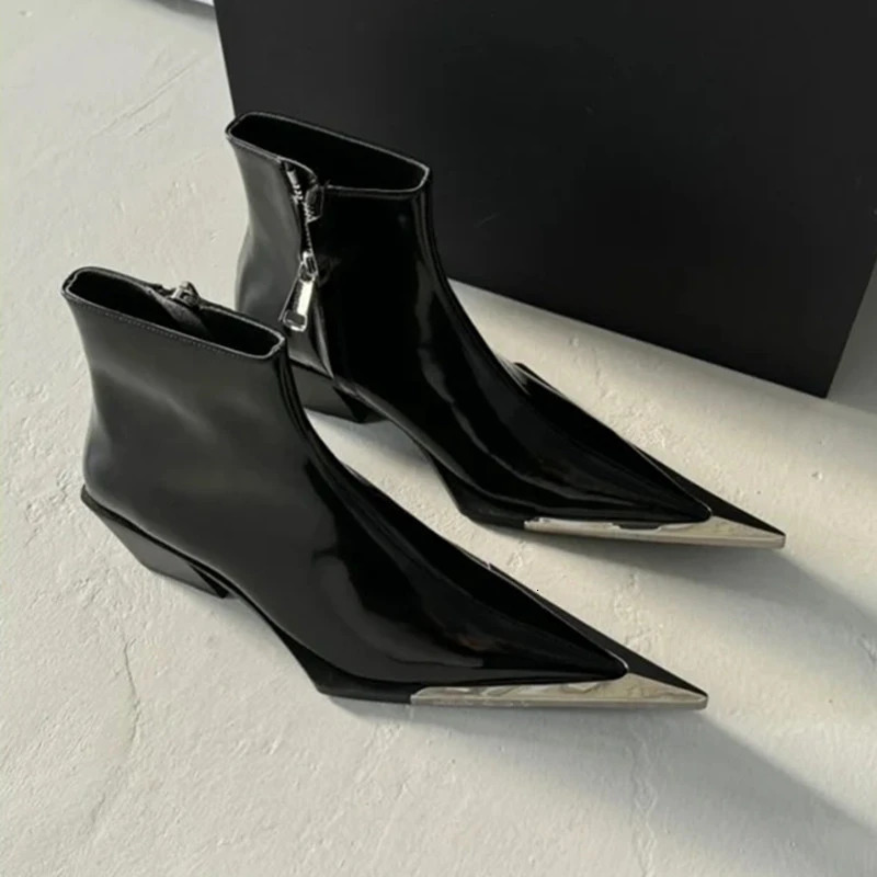 2025 Side Zipper Fashion Womens Ankle Boots Metal Pointed Toe Ladies Shoes Crude Heel Western Cowboy 251103