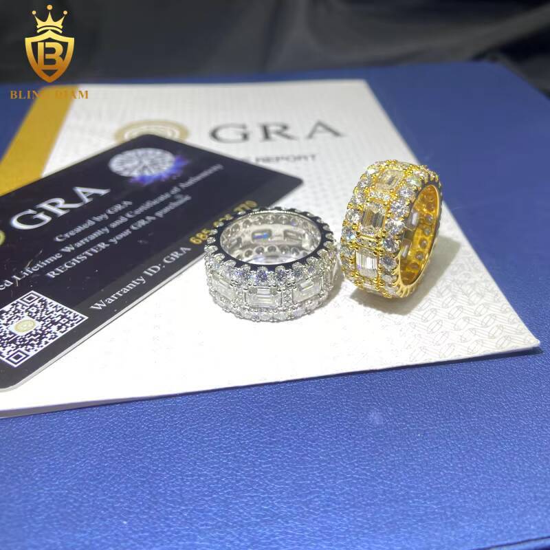 Luxury Full Diamond 925 Silver Ring Men HipHop Emerald Cut Moissanite Rings Iced Out Moissanite Ring GRA Pass Diamond Test Rings