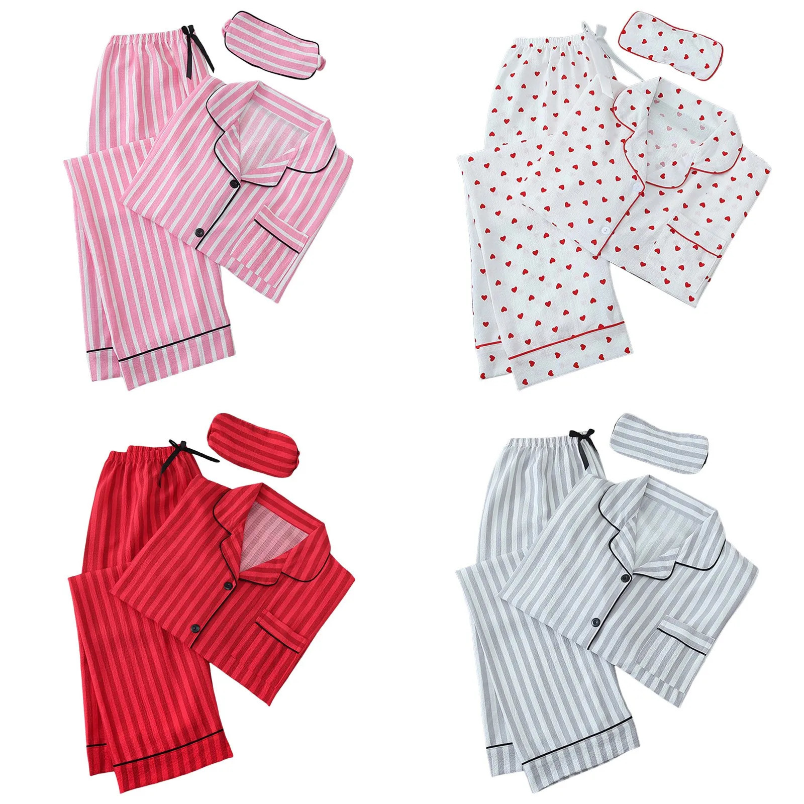 Womens pajama set long sleeved button twopiece striped casual with eyes sexy womens clothing 250313