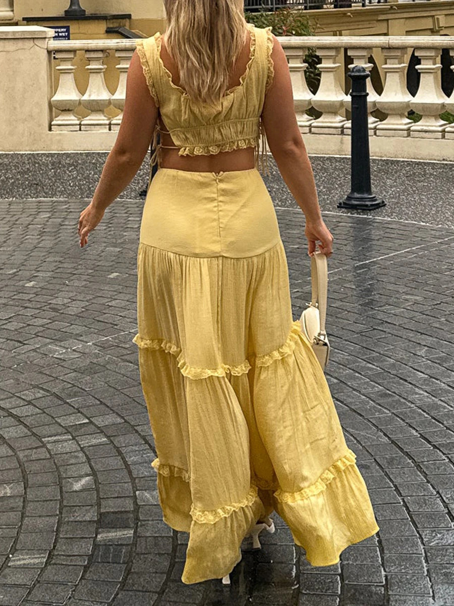 y2k Boho 2 Piece Outfits for Women Lace Trim Sleeveless UNeck Tank Tops with Long Skirt Set Beach Party Clothes 250313