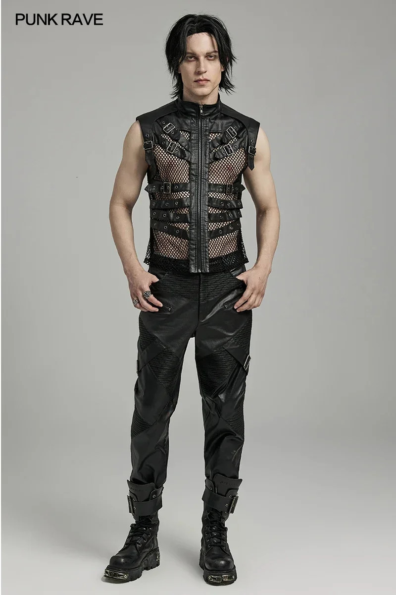 PUNK RAVE Mens Punk Personalized Mesh Handsome Hollow Tank Top Daily Unlimited Sexy Cool Black Top Mens Summer Clothing 250403