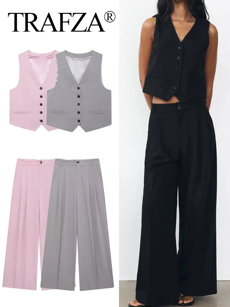 TRAFZA Womens Solid Pants Set Adjustable Straps Single Chest Vneck Tank Top High Waist Trouser Fashion Street 250313
