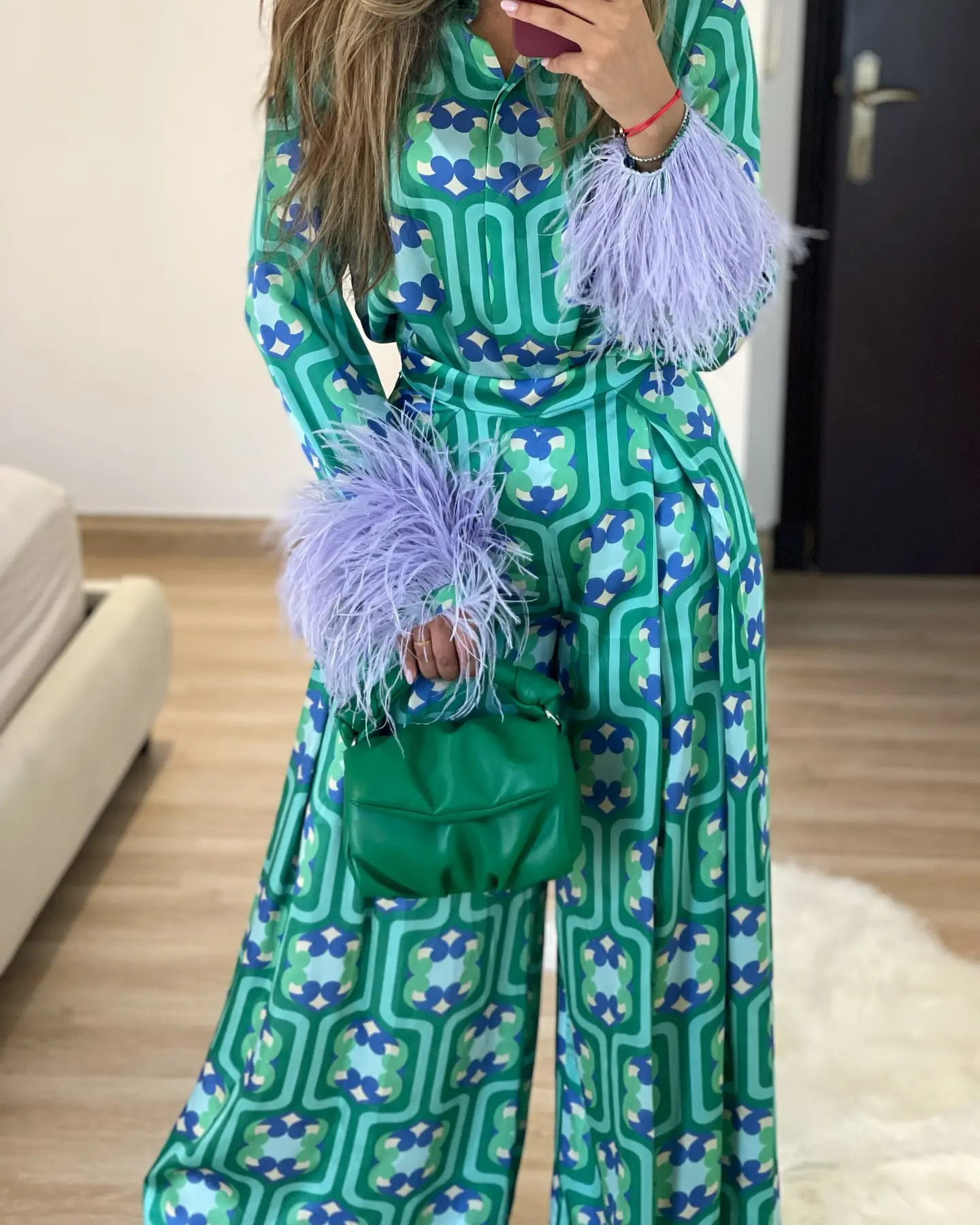 Fashionable printed shirt top suitable for European and American style womens loose wide leg Trouser Street casual suit 250407