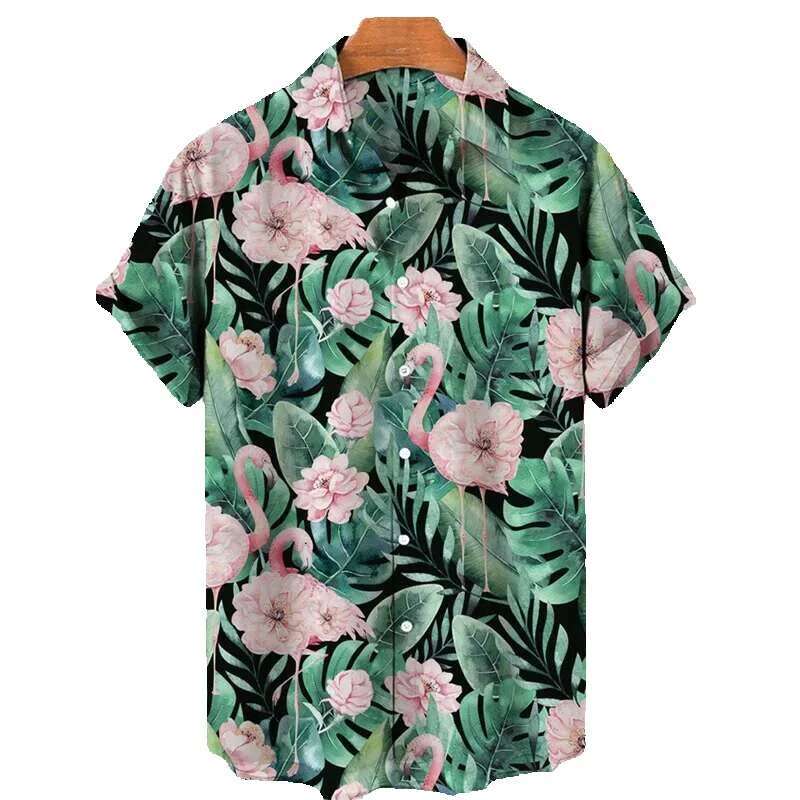 TRCALE Jungle Pink Flamingo Printed Hawaiian Men's Shirt, Summer Short Sleeve Top, Haruku, Collar Button, Loose Shirt