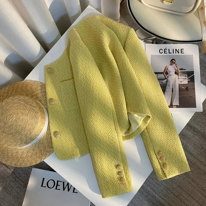 Fashion Tweed Short Jacket Womens Woolen Coat Spring Autumn O-neck Single-breasted Yellow Outerwear Streetwear Casual Tops 251105