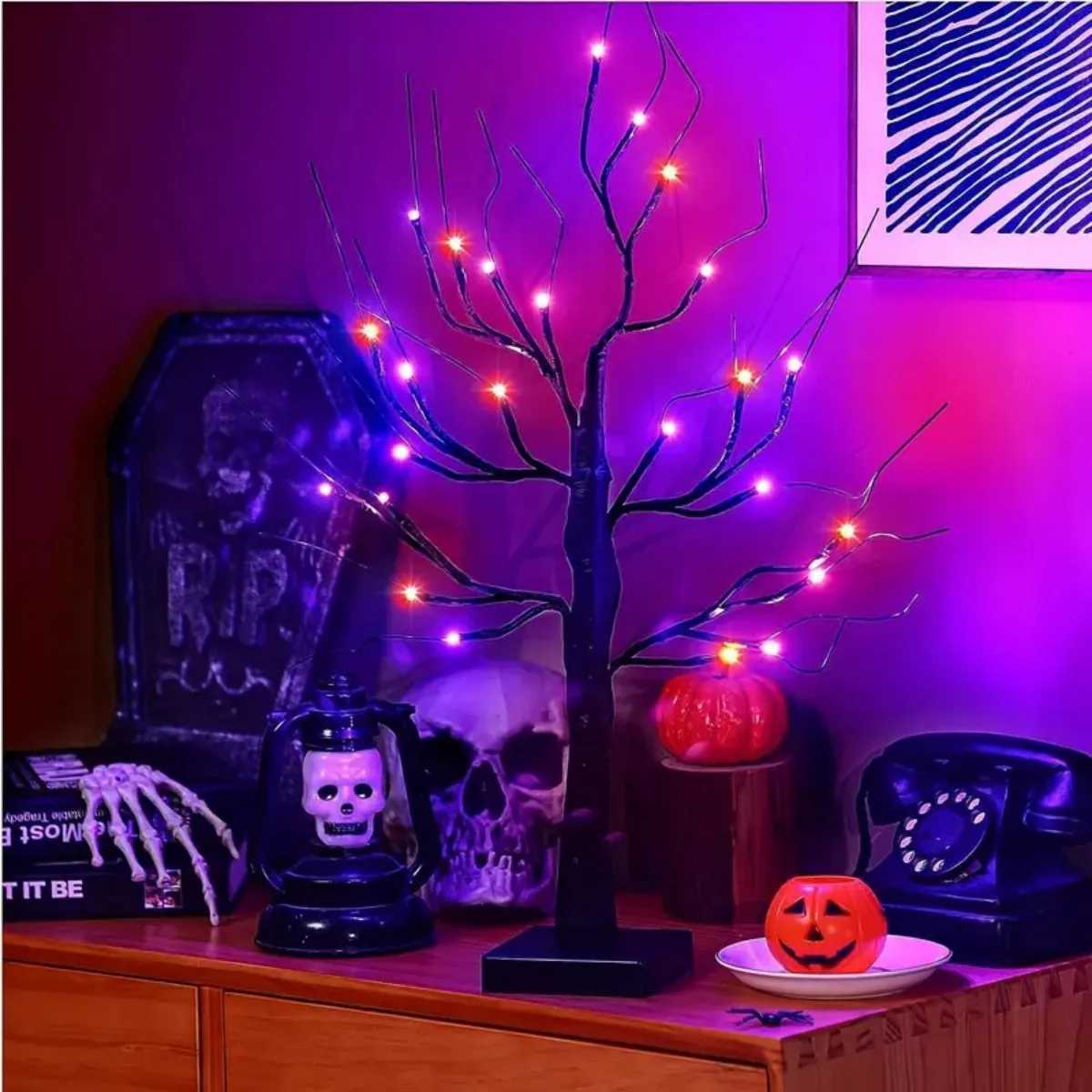 1pc 24 LED Orange And Purple Lighted Halloween Artificial Birch Tree Light DIY Black Branches Lights Tabletop Halloween Spooky W251107