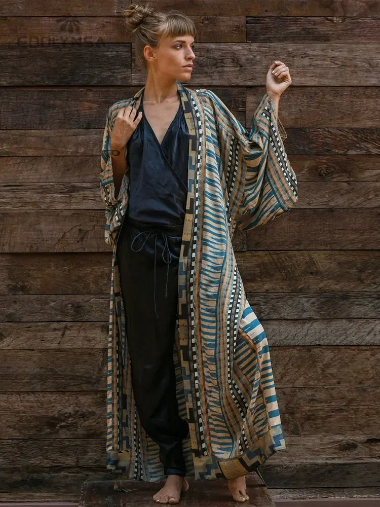 Bohemian printed bikini top elegant self waistband kimono dress tuned womens plus size beach swimsuit cover Q1228 250327