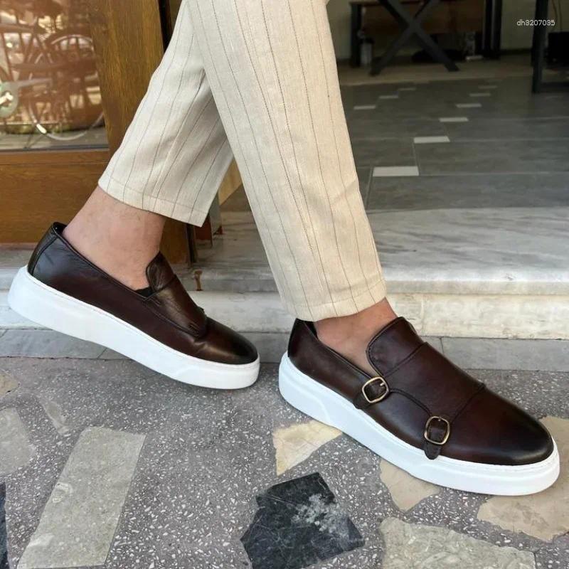 Casual Shoes 's Vulcanize Double Buckle Monk Sports Brown Slip-On Solid Handmade Sneakers Mens
