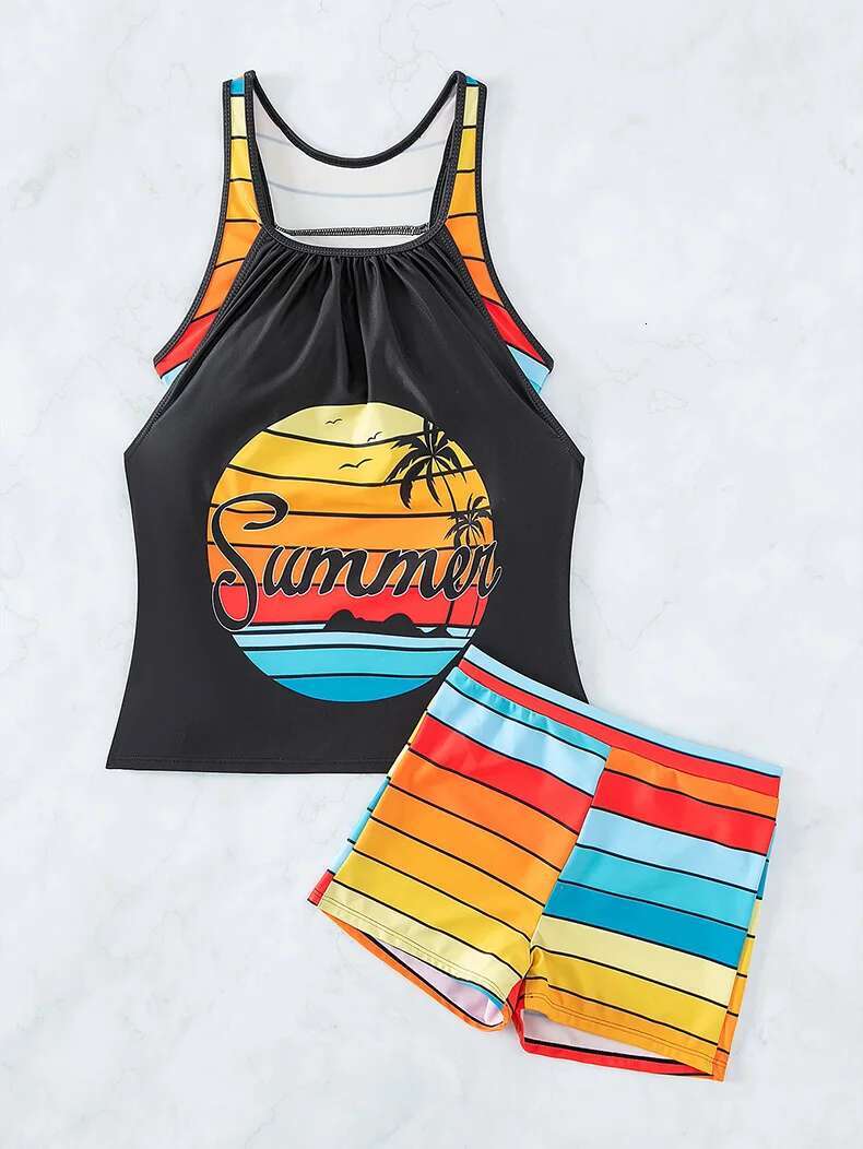 Dongdumaoyi Women S Swimsuit Black Maple Leaf Print Rainbow Contrast Two Piece Bikini Set Holiday Bathing Suit High Waist Panties Swimwear