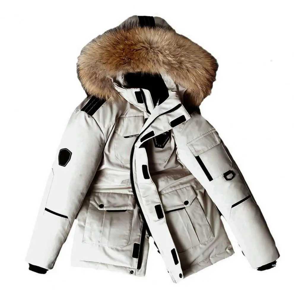 Warm Hooded Down Coat Mens Jacket with Faux Fur Trim Multiple Pockets Zipper Placket OutdoorT251107