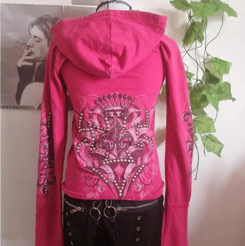 Y2K Fashion Zipper Retro Printed Hoodie Womens Harajuku Street Design Exquisite Diamond American Casual Jacket 250403