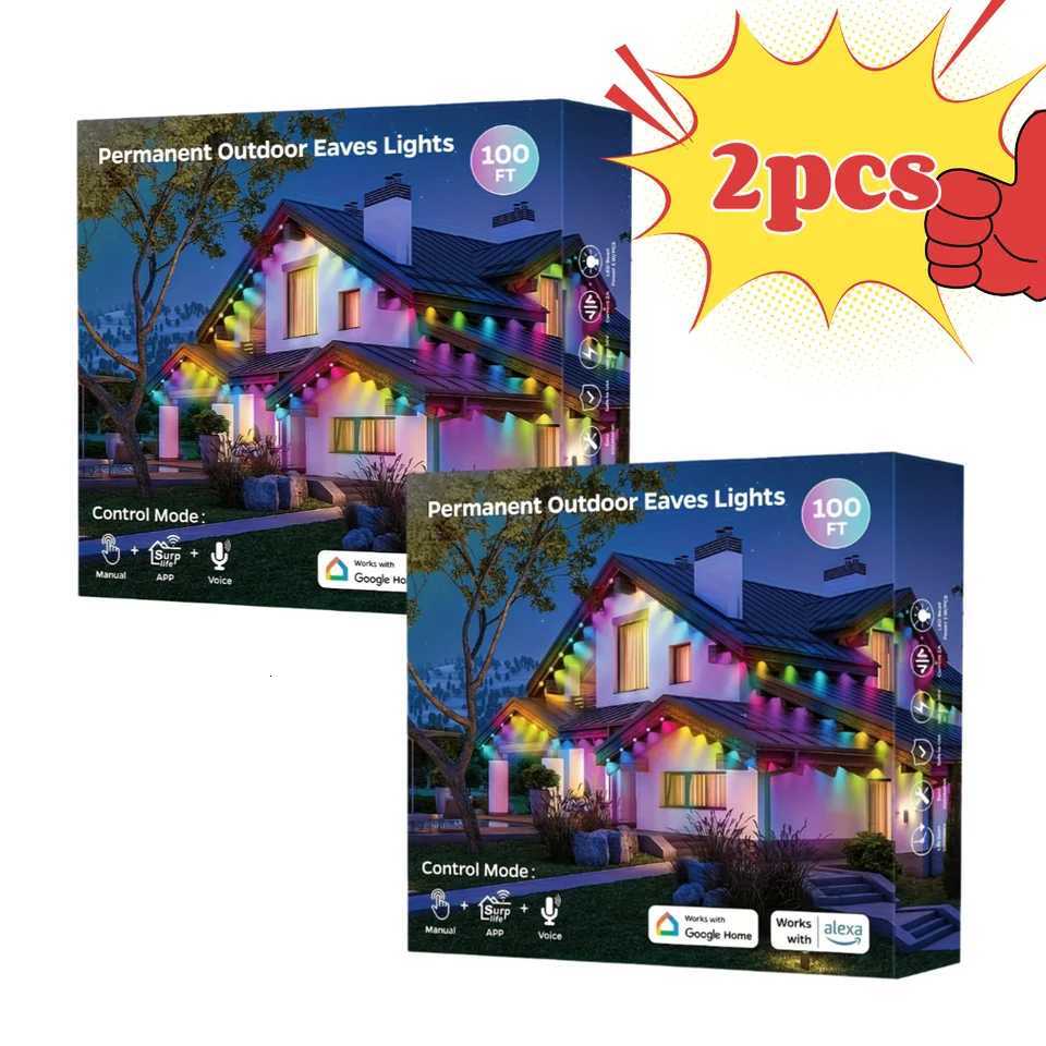 2pcs 100ft Roof Light - 72 RGBIC LEDs IP67 Waterproof Smart Color Control Christmas Outdoor Decor W251107