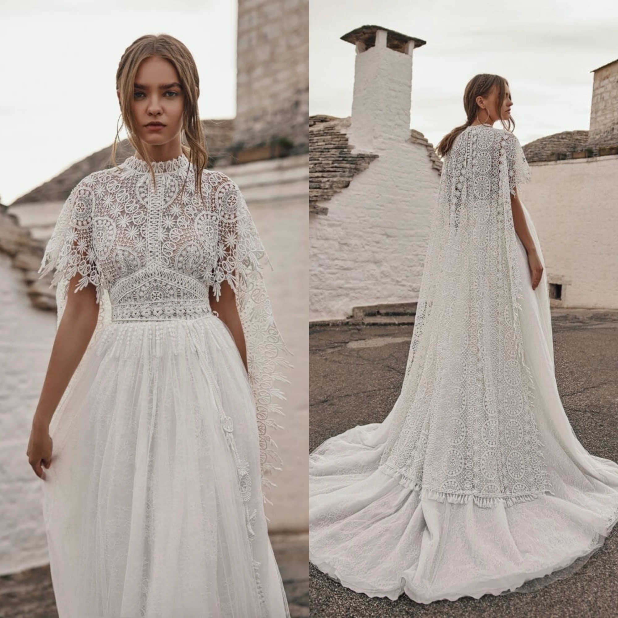 Bohemian A Line Wedding Dresses with Wrap Short Sleeves Lace Appliques Bridal Gowns Customized Sweep Train Boho Robe De