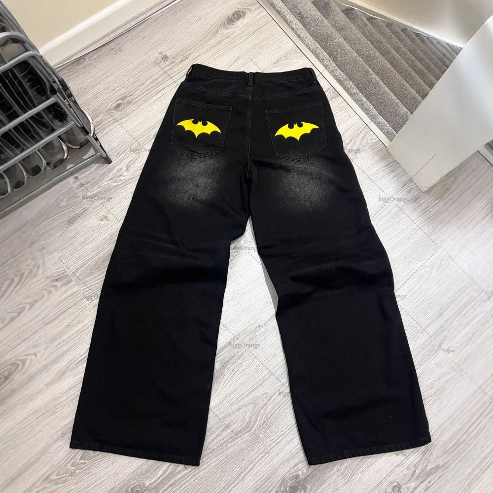 Classic retro loose straight jeans with hip-hop street batwing print, washed and wide-leg casual pants Z250605