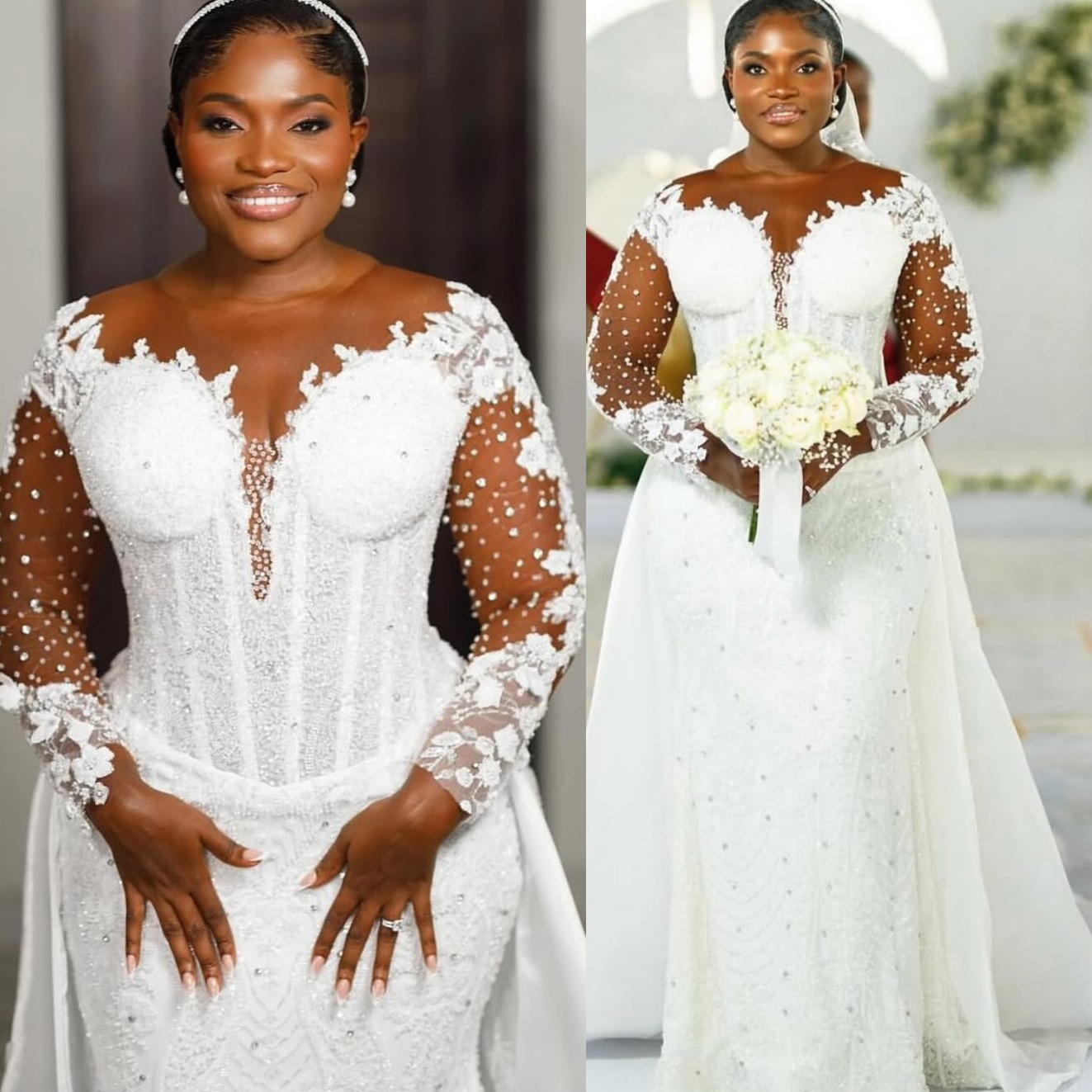 2026 Aso Ebi Plus Size White Mermaid Wedding Dress Beaded Crystals Detachable Train Sequined Full Sleeves Stylish Bridal Gowns Dresses ZJ0461