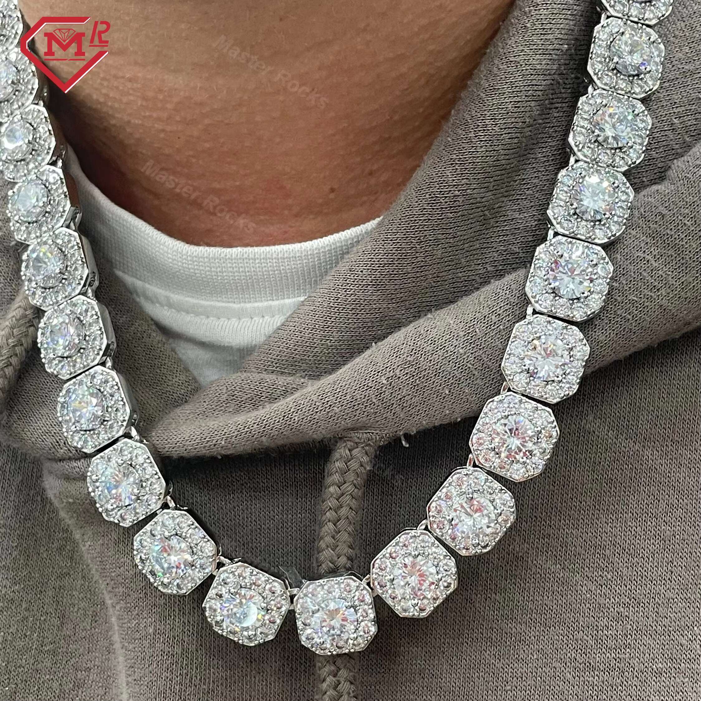 Iced Out Tennis Chain Hip Hop 925 Silver 10mm Cluster Big Moissanite Vvs Diamond Custom Tennis Chain