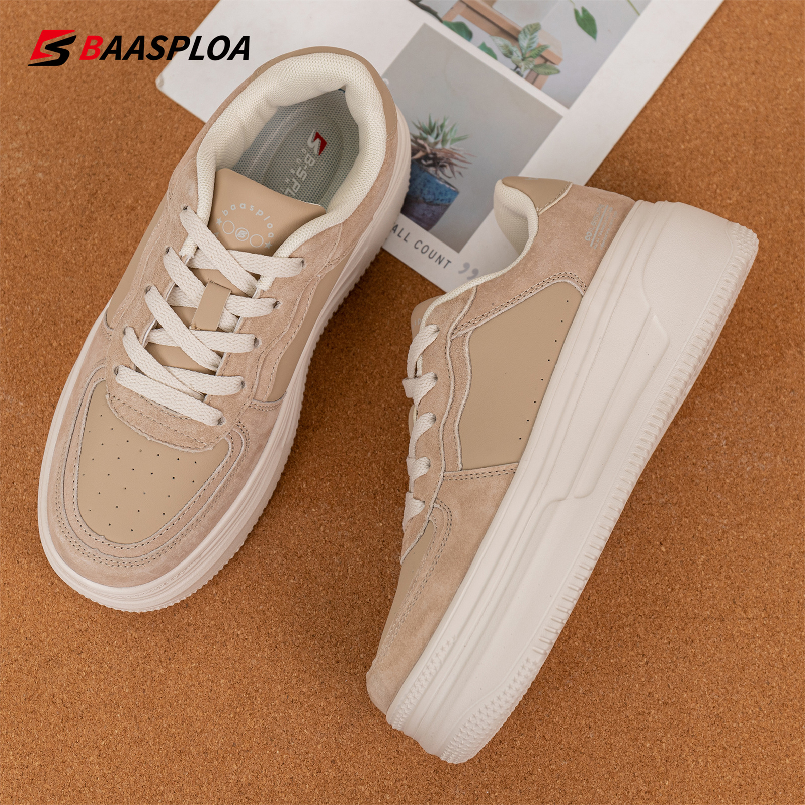 Baasploa Women Skateboarding Shoes Casual Sneakers Femals Leather Walking Shoes Non-Slip Outdoor Shoes