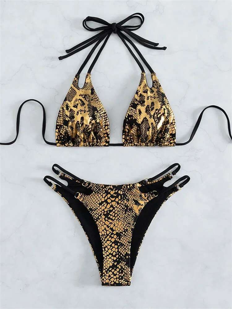 Dongdumaoyi Sexy Gold Snake Print Bikini Women Halter Cut Out Push Up Micro Swimsuit Summer Bathing Suit Lace High Waist Swimwear