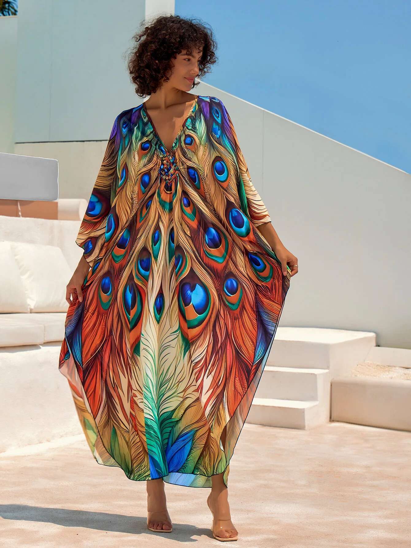 Dongdumaoyi Women S Maxi Dress Orange Peacock Feathers Print V Neck Long Sleeve Beach Cover Up Kaftan Robe Kimono Summer Vacation Wear