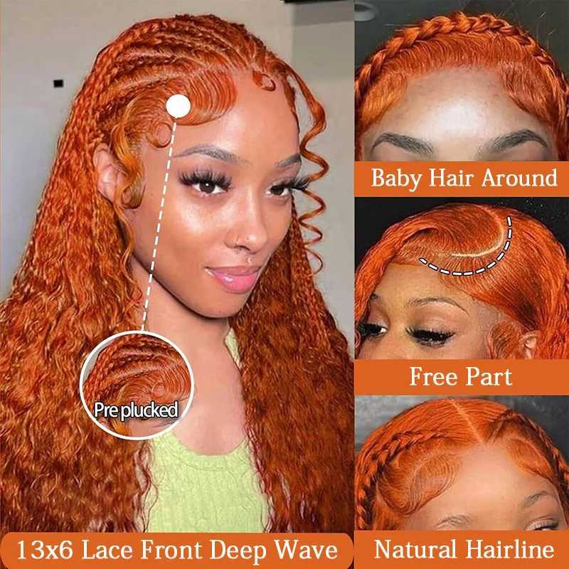 Orange Ginger Lace Front Wig Human Hair 13x6 Deep Wave Lace Front Wigs 38 Inch Water Wave Human Hair Wig Pre Plucked Curly Wigs W251107
